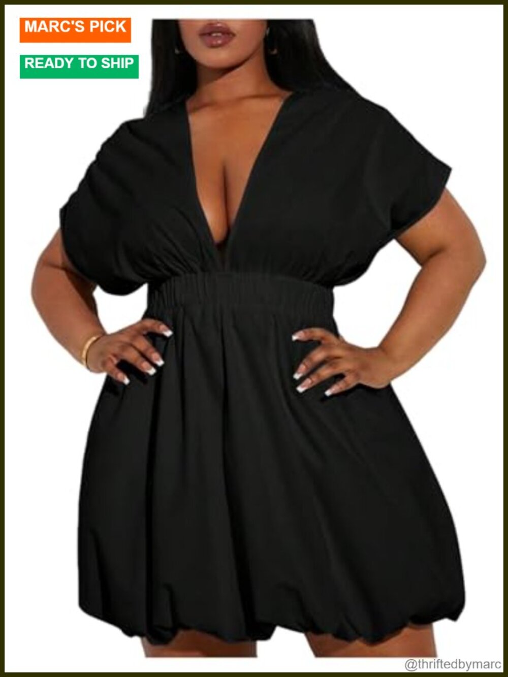 Plus Size Deep V Neck Bubble Mini Dress Ruffle Hem A-Line Party